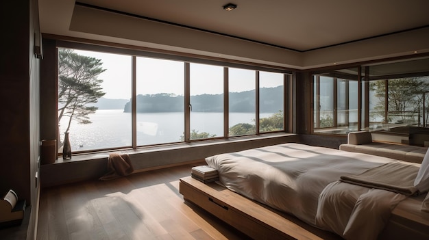 Loft bedroom with a minimalist design a window overlooking the lake on a sunny morning indoors Generative AI