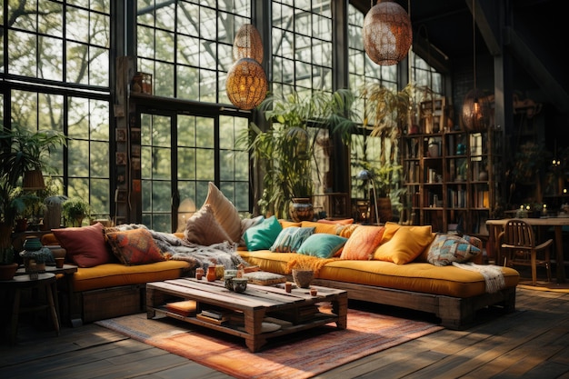 Loft Boho with ethnic rugs and vibrant colors generative IA