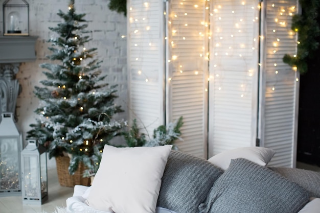 Loft interior bedroom with Christmas tree