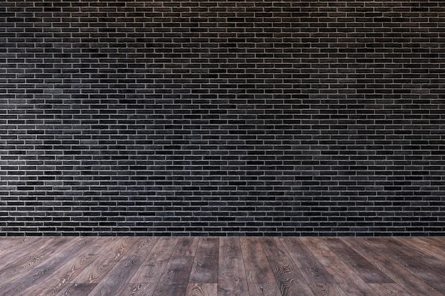 Loft interior with blank black brick wall and wooden floor