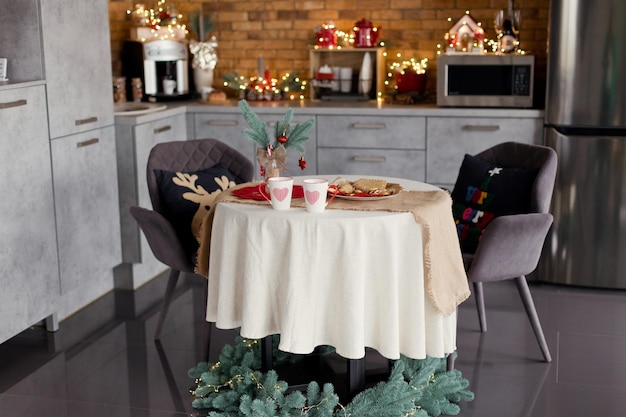 Loft kitchen interior with Christmas decorations