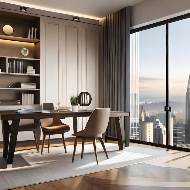 Loft luxury living room with bookshelf near dining table