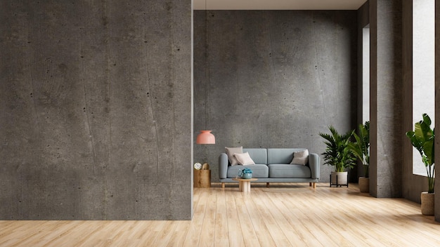 Loft style house with blue sofa and accessories in the dark room