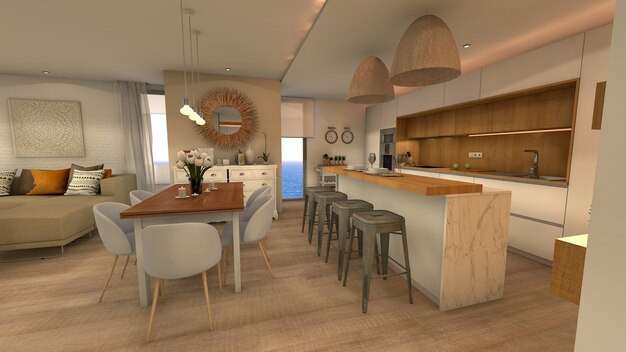 loft-style house with kitchen with dining island. 3d render