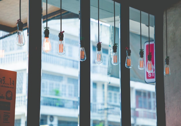 Loft style of light bulbs for decorated interior room of cafe