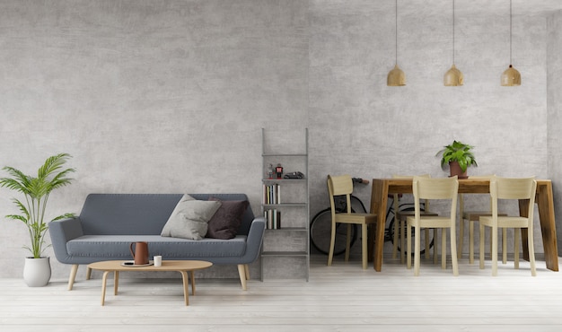 Loft style living room and dining room with raw concrete, wooden floor, sofa, dining desk, lamps