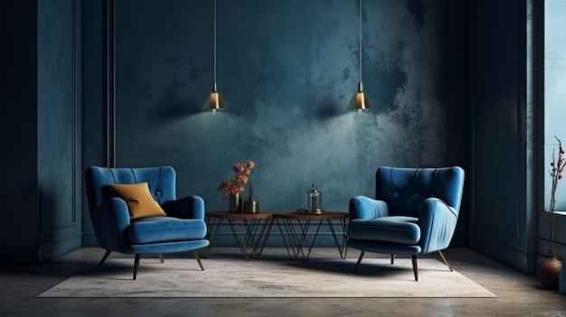 loft and vintage interior Blue wall and background room armchair and pillow lamp Generative AI