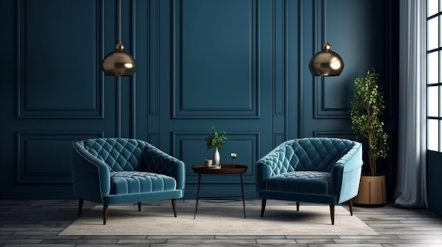 loft and vintage interior Blue wall and background room armchair and pillow lamp Generative AI