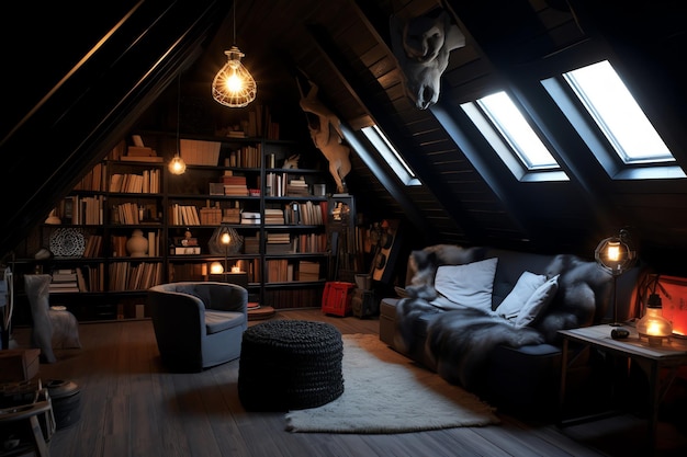 A loft with a couch and a bookcase with books on the shelves