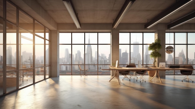 Loftstyle hitech open space office with floortoceiling windows and city view lightcolored concrete w