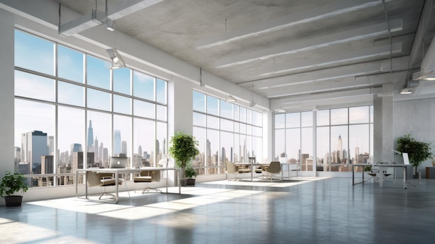 Loftstyle hitech open space office with floortoceiling windows and city view Lightcolored concrete walls and floors large tables comfortable chairs desktop computers plants in floor tubs