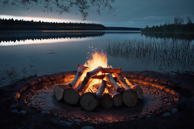 A log bonfire in the lakeside grate