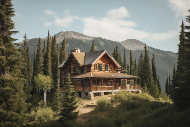 Log cabin house in the mountains surrounded by tall trees and snowcapped peaks