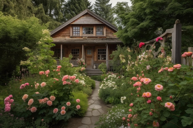 Log cabin house surrounded by blooming rose garden