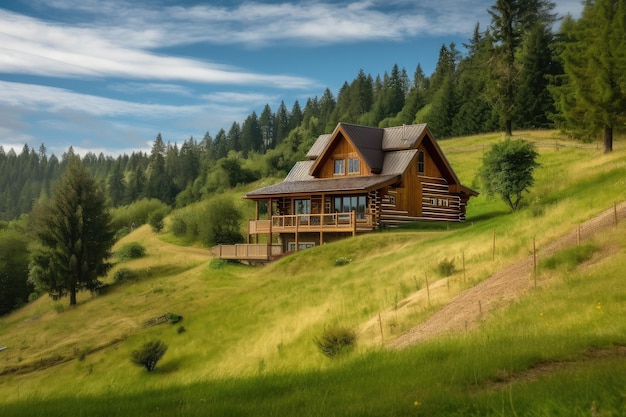 Log cabin house surrounded by tall trees and rolling hills