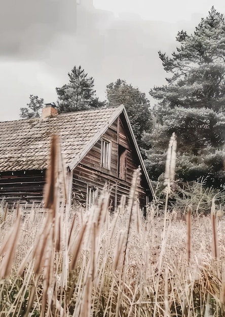 Photo a log cabin sits in a field with a house in the background