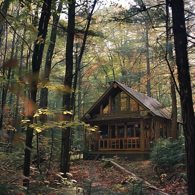 Photo a log cabin sits in the woods with a tree house in the background