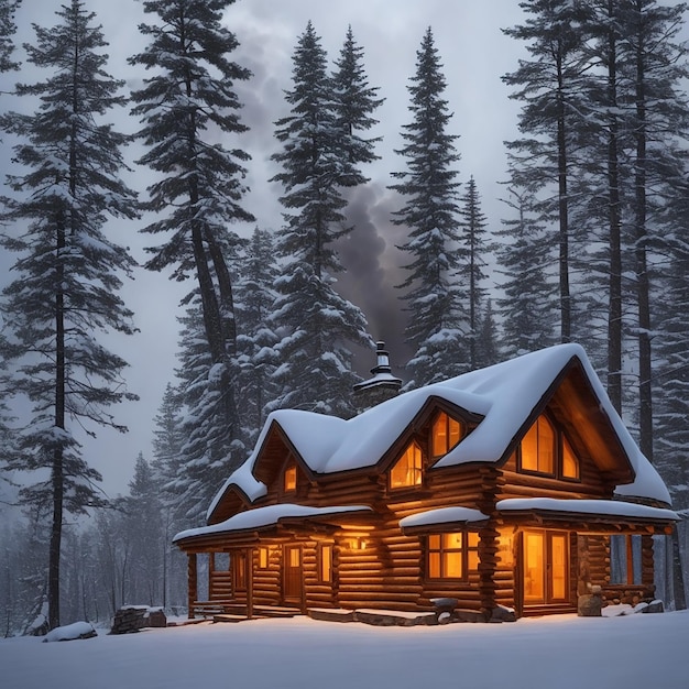 A log cabin in the snow with the lights on.