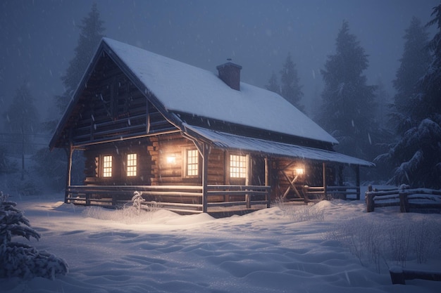 A log cabin in the snow with the lights on.