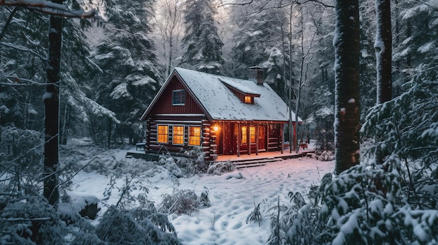 A log cabin in the snow with the lights on