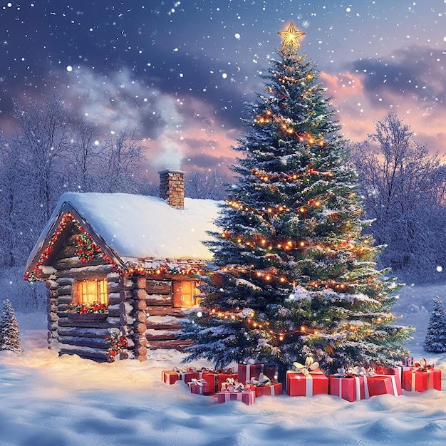 a log cabin with a christmas tree and presents on the front