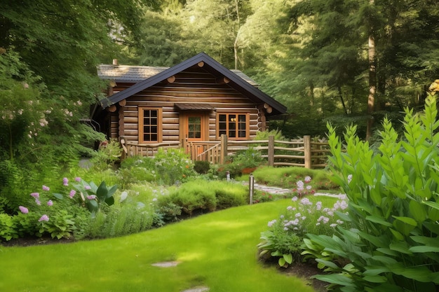 Log cabin with garden and deck surrounded by lush greenery