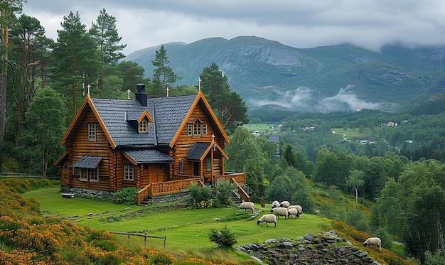 a log cabin with a house on the side of it