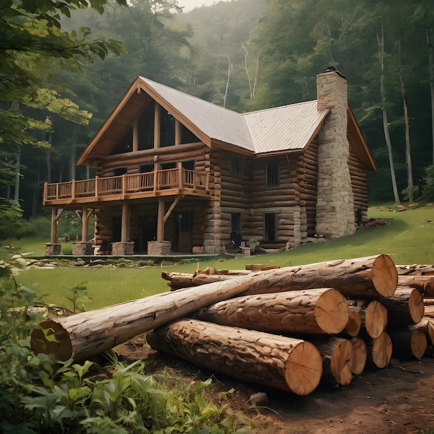 a log cabin with a log cabin in the background