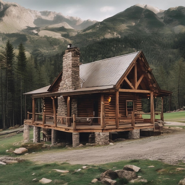 a log cabin with a log cabin in the background