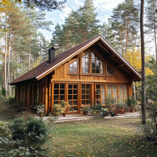 Photo a log cabin with a log cabin in the woods