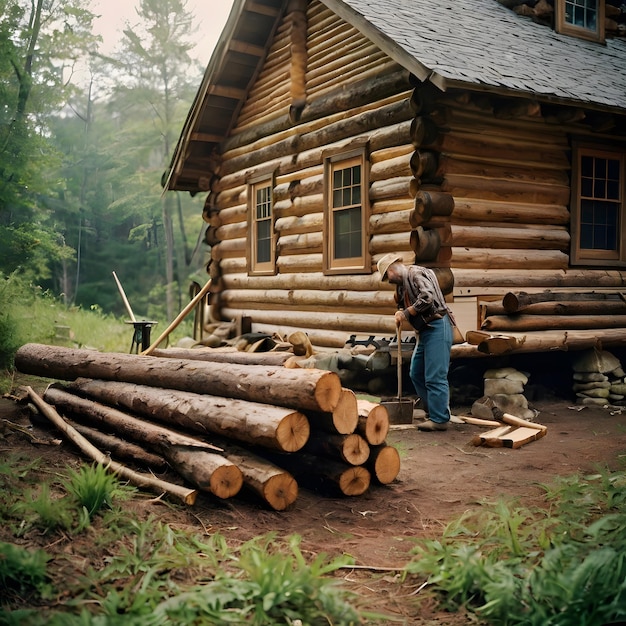 a log cabin with a man working on it