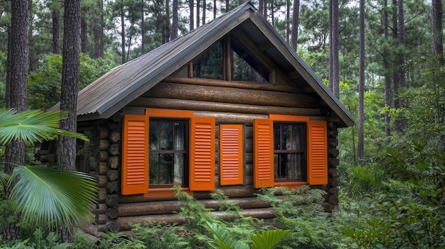 Photo a log cabin with orange shutters and windows