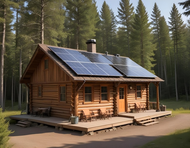 a log cabin with solar panels on the roof and a wooden deck