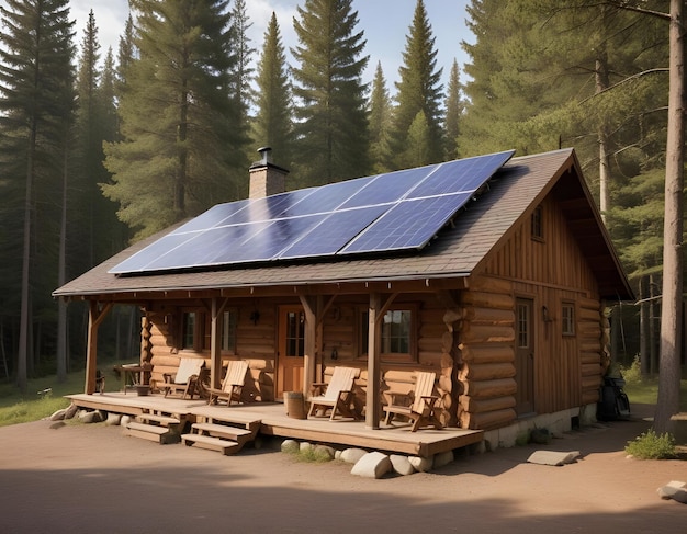 a log cabin with solar panels on the roof