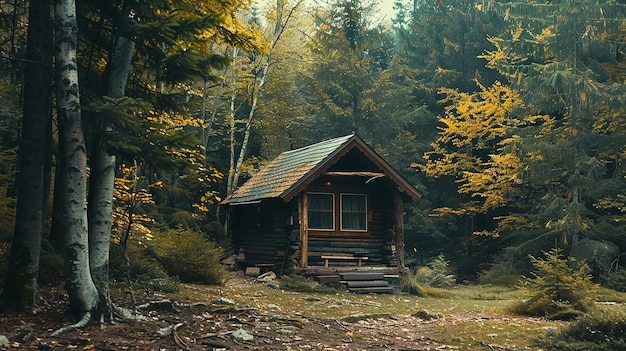 Photo a log cabin in the woods with a log cabin in the background