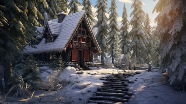 log cabin in the woods with snow on the roof