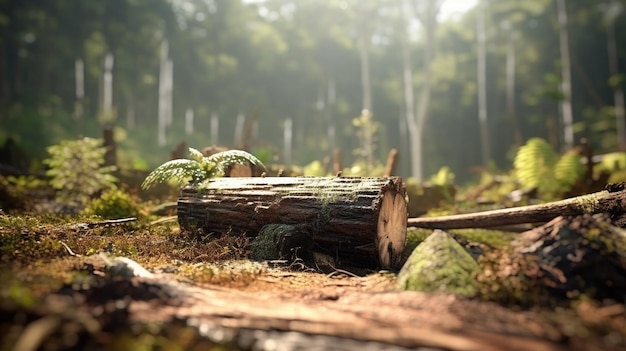 A log in the forest with a tree trunk in the foregroundgenerative ai