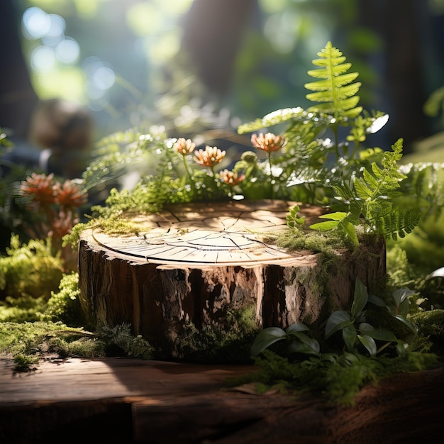 a log with a clock on it and some plants