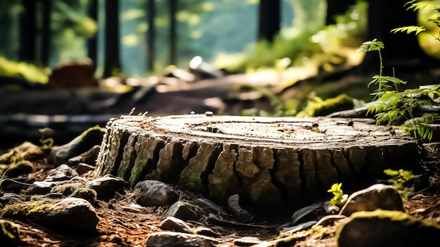 Photo a log with a log in the middle of it and a tree stump in the background stump with roots