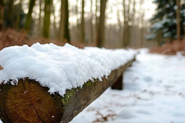 Photo a log with snow on it and a tree trunk in the background