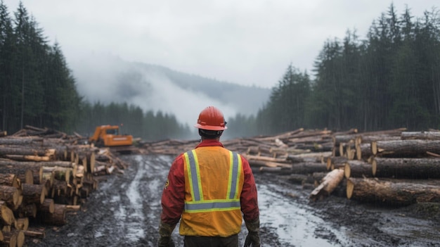 Photo logger surveying stacked lumber in foggy forest during overcast day