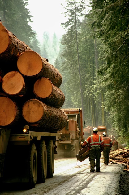 Logging operation in a dense forest with workers and heavy trucks transporting large logs