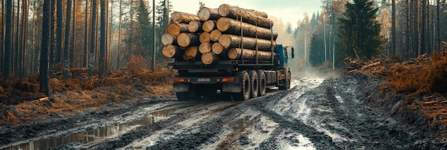 Logging truck carefully transports freshly cut logs along a muddy forest road surrounded by trees