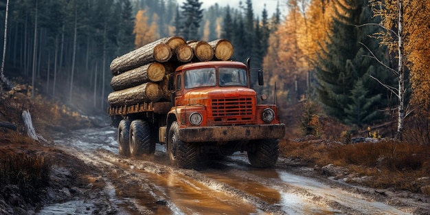 Logging truck carefully transports freshly cut logs along a muddy forest road surrounded by trees