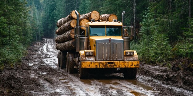 Logging truck carefully transports freshly cut logs along a muddy forest road surrounded by trees