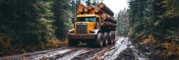 Logging truck carefully transports freshly cut logs along a muddy forest road surrounded by trees