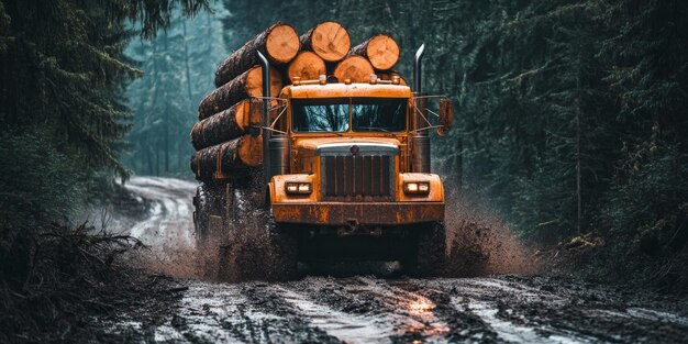 Logging truck carefully transports freshly cut logs along a muddy forest road surrounded by trees