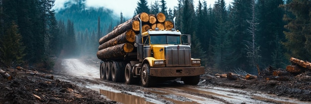 Logging truck carefully transports freshly cut logs along a muddy forest road surrounded by trees