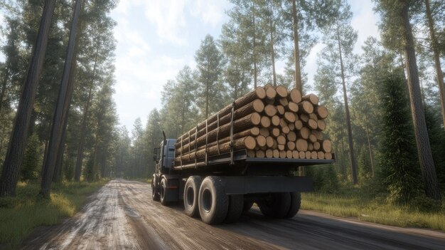 Photo logging truck transporting freshly cut timber through forest road