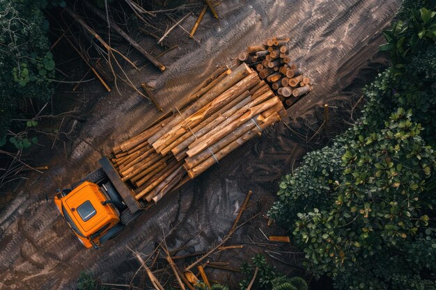 Photo logging truck transporting harvested trees in a dense partially cut forest aerial view logging operations